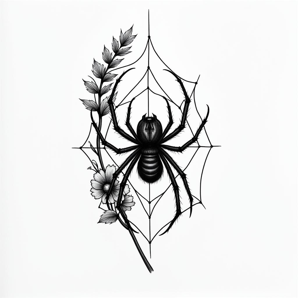 Small spider on web with flowers with stemhigly detailed tattoo - Variation 13
