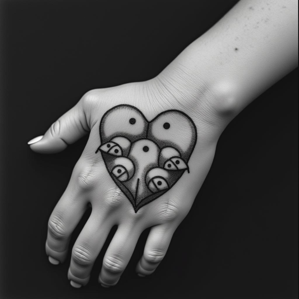 Five babies birds on a hearthigly detailed tattoo - Variation 24