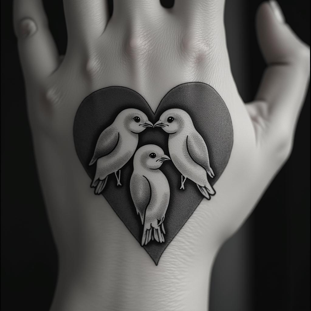 Five babies birds on a hearthigly detailed tattoo - Variation 23