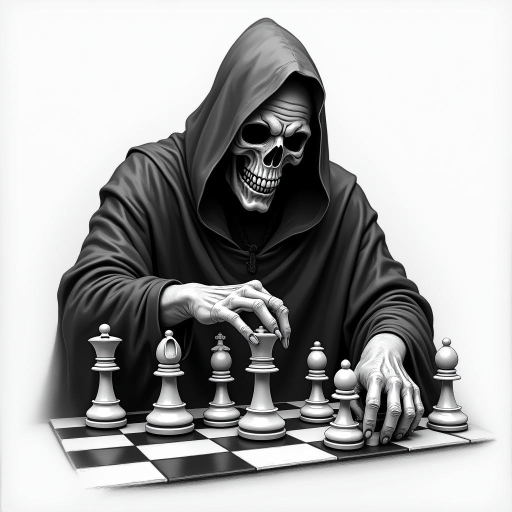 Grim reaper making moves on the chess board of life moving his pawns who work for the king and queenin realism tattoo style, featuring a highly detailed, lifelike, capturing every detail, photorealistic, ultra realistic, intricate shading, smooth and sharp, - Variation 3