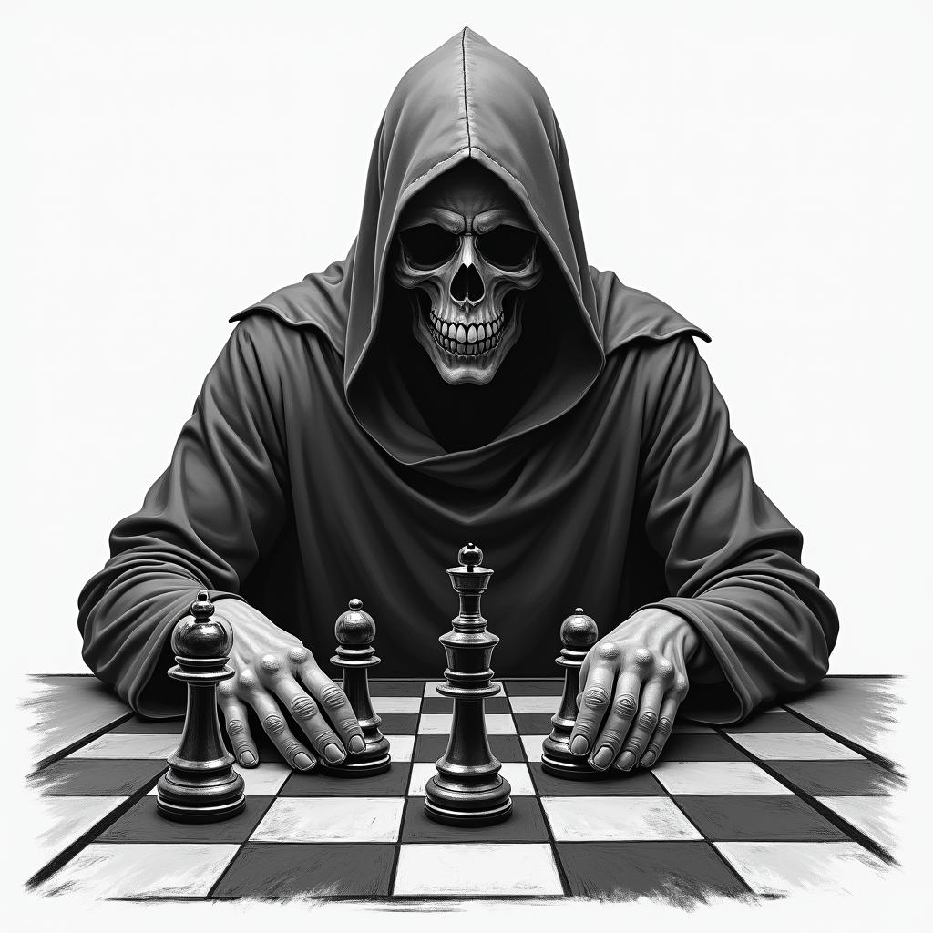Grim reaper making moves on the chess board of life moving his pawns who work for the king and queenin realism tattoo style, featuring a highly detailed, lifelike, capturing every detail, photorealistic, ultra realistic, intricate shading, smooth and sharp, - Variation 2