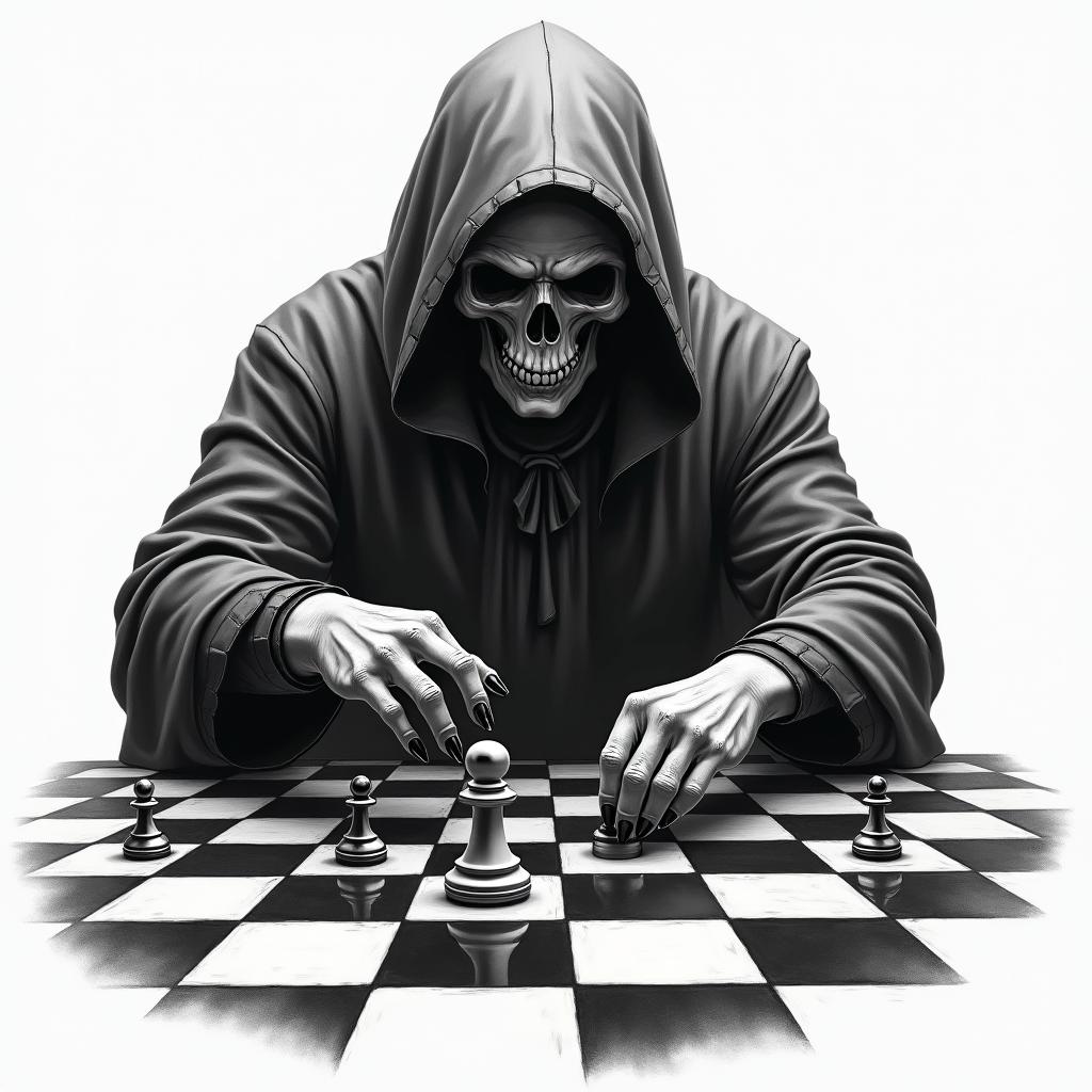 Grim reaper making moves on the chess board of life moving his pawns who work for the king and queenin realism tattoo style, featuring a highly detailed, lifelike, capturing every detail, photorealistic, ultra realistic, intricate shading, smooth and sharp,