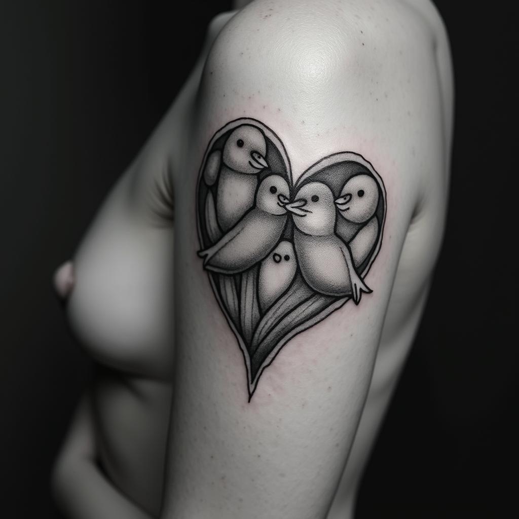Five babies birds on a hearthigly detailed tattoo - Variation 20
