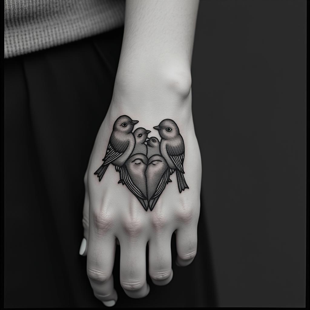 Five babies birds on a hearthigly detailed tattoo - Variation 19