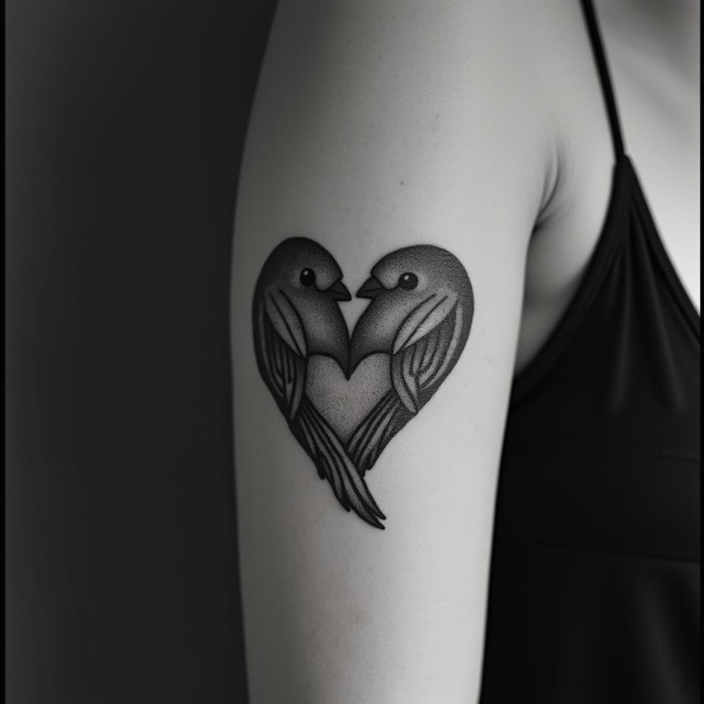 Five babies birds on a hearthigly detailed tattoo - Variation 18