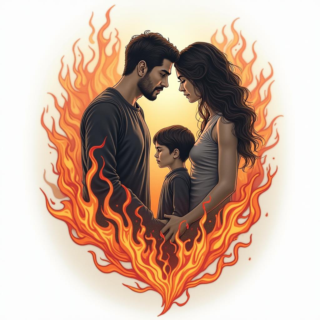 Family over everythingin flame tattoo style showcasing fiery elements with dynamic flame patterns, glowing effect of flames, natural colors - Variation 3