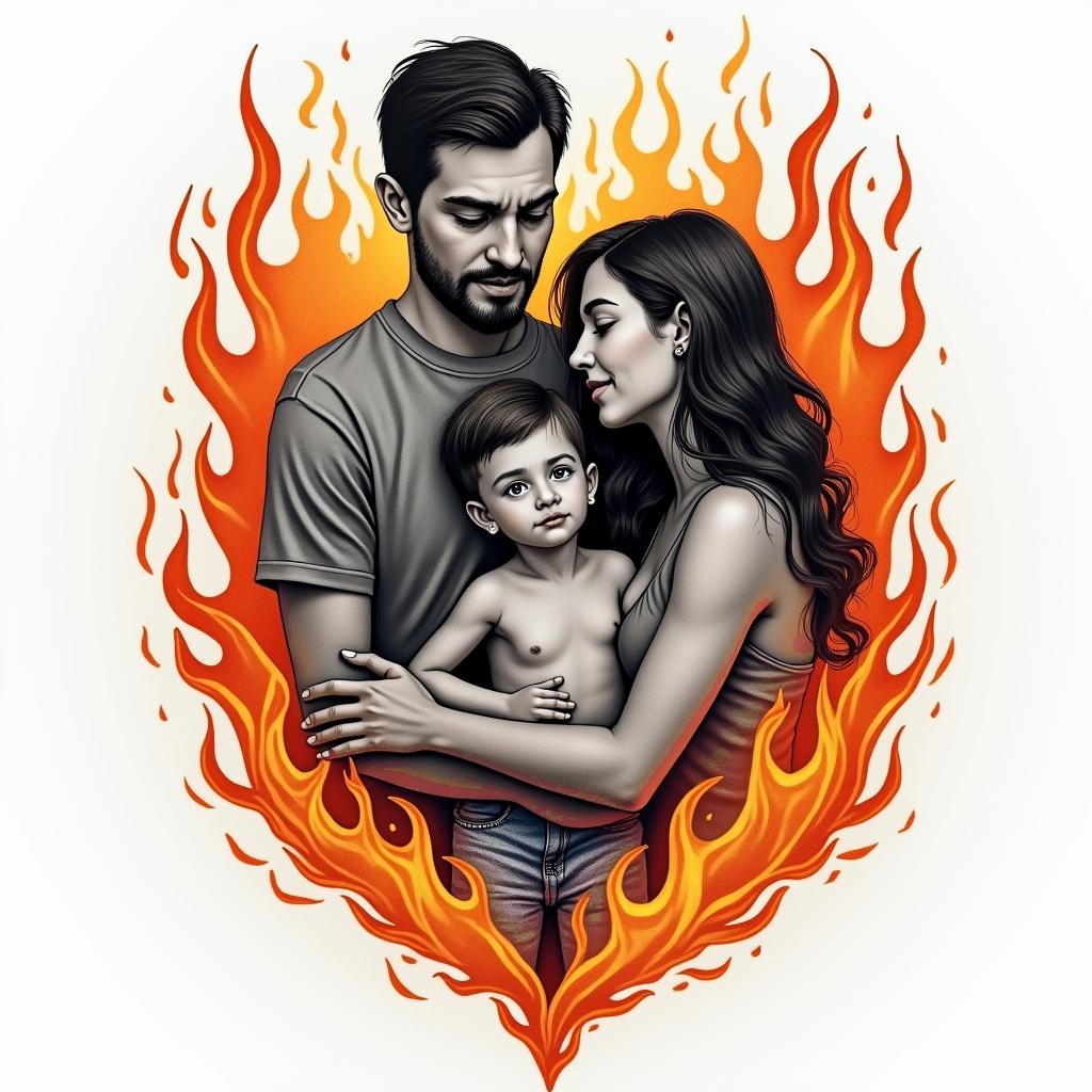 Family over everythingin flame tattoo style showcasing fiery elements with dynamic flame patterns, glowing effect of flames, natural colors - Variation 2
