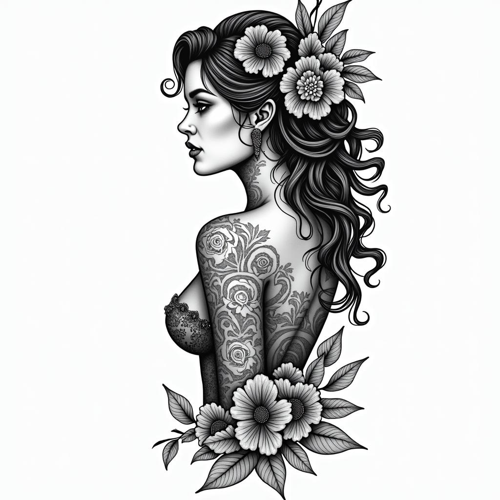 Hawaiian island romance biker girlin ornamental tattoo style, featuring intricate symmetrical patterns and floral designs, showcasing highly detailed line work and geometric shapes, creating a sense of elegance and balance