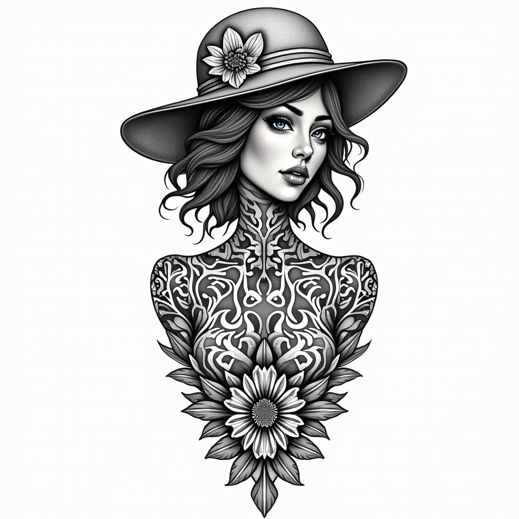 Hawaiian island romance biker girlin ornamental tattoo style, featuring intricate symmetrical patterns and floral designs, showcasing highly detailed line work and geometric shapes, creating a sense of elegance and balance - Variation 3