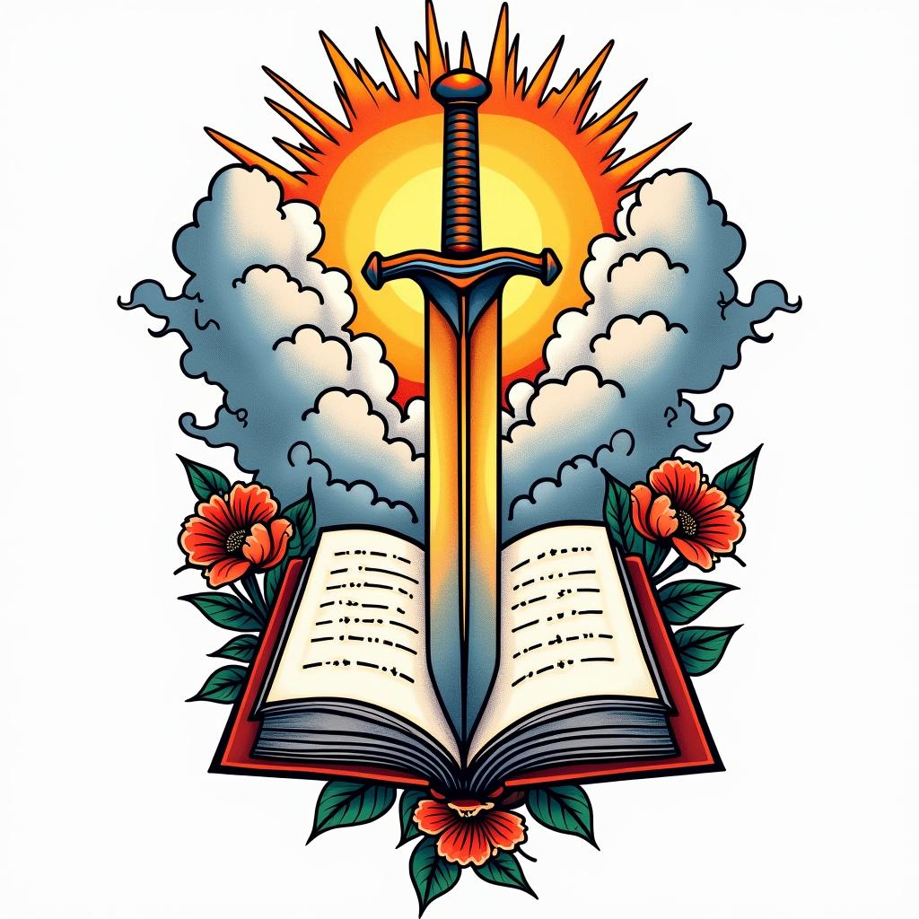Clouds sunshine book sword flower heavenin pop art style tattoo, featuring bold and vibrant colors, exaggerated outlines, iconic imagery, inspired by comic books and speech bubbles, comic book characters, retro pop culture - Variation 4