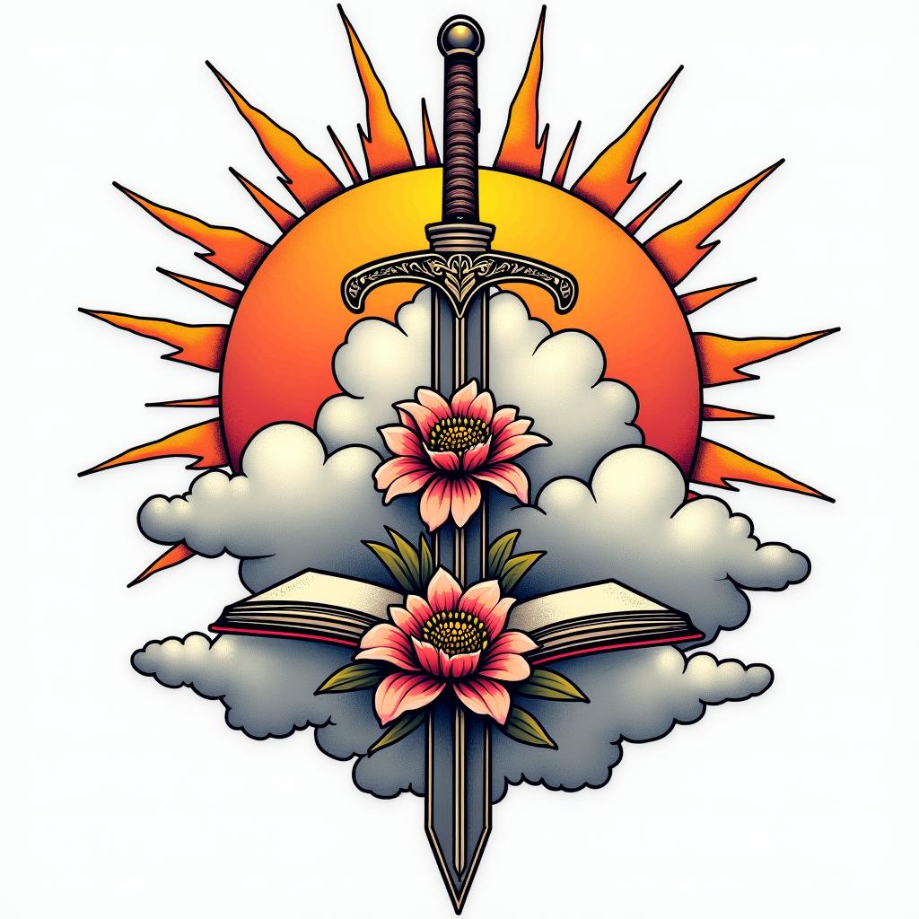 Clouds sunshine book sword flower heavenin pop art style tattoo, featuring bold and vibrant colors, exaggerated outlines, iconic imagery, inspired by comic books and speech bubbles, comic book characters, retro pop culture - Variation 2