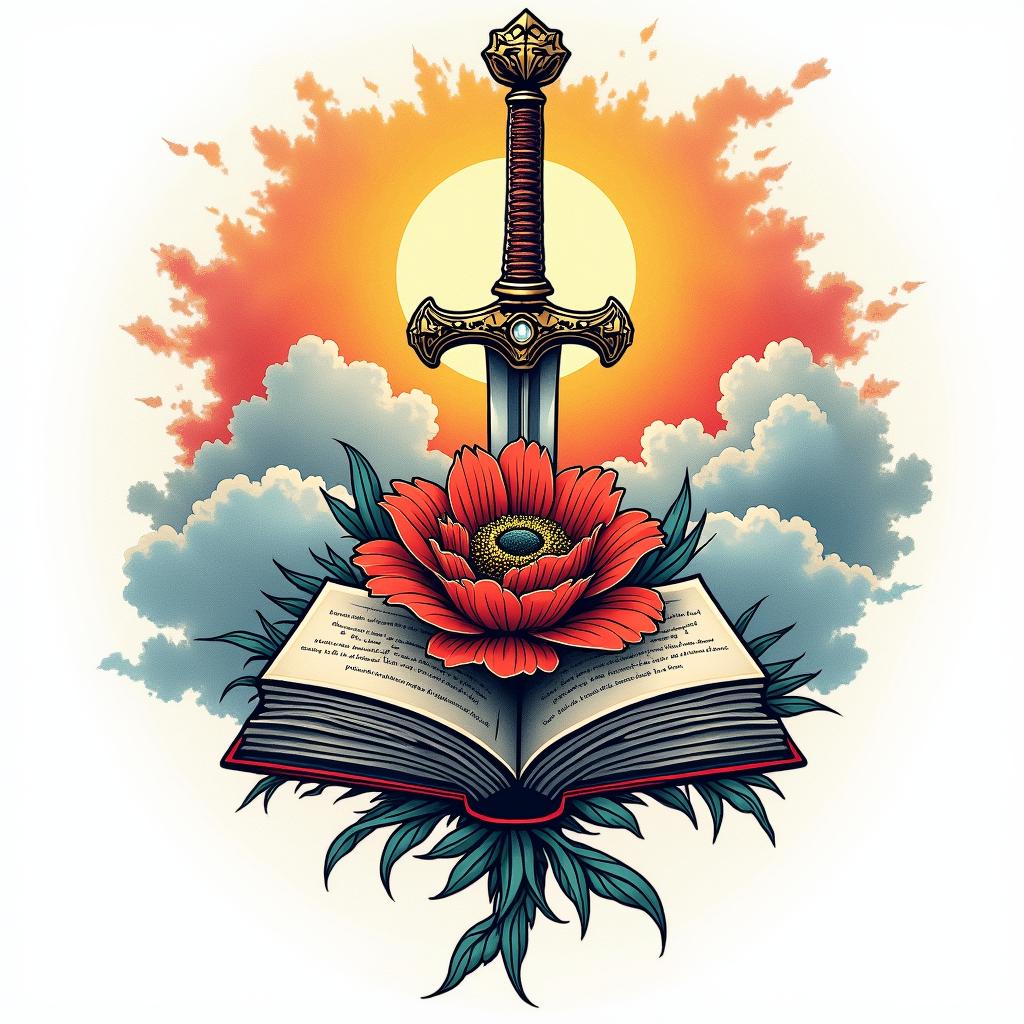 Clouds sunshine book sword flower heavenin pop art style tattoo, featuring bold and vibrant colors, exaggerated outlines, iconic imagery, inspired by comic books and speech bubbles, comic book characters, retro pop culture