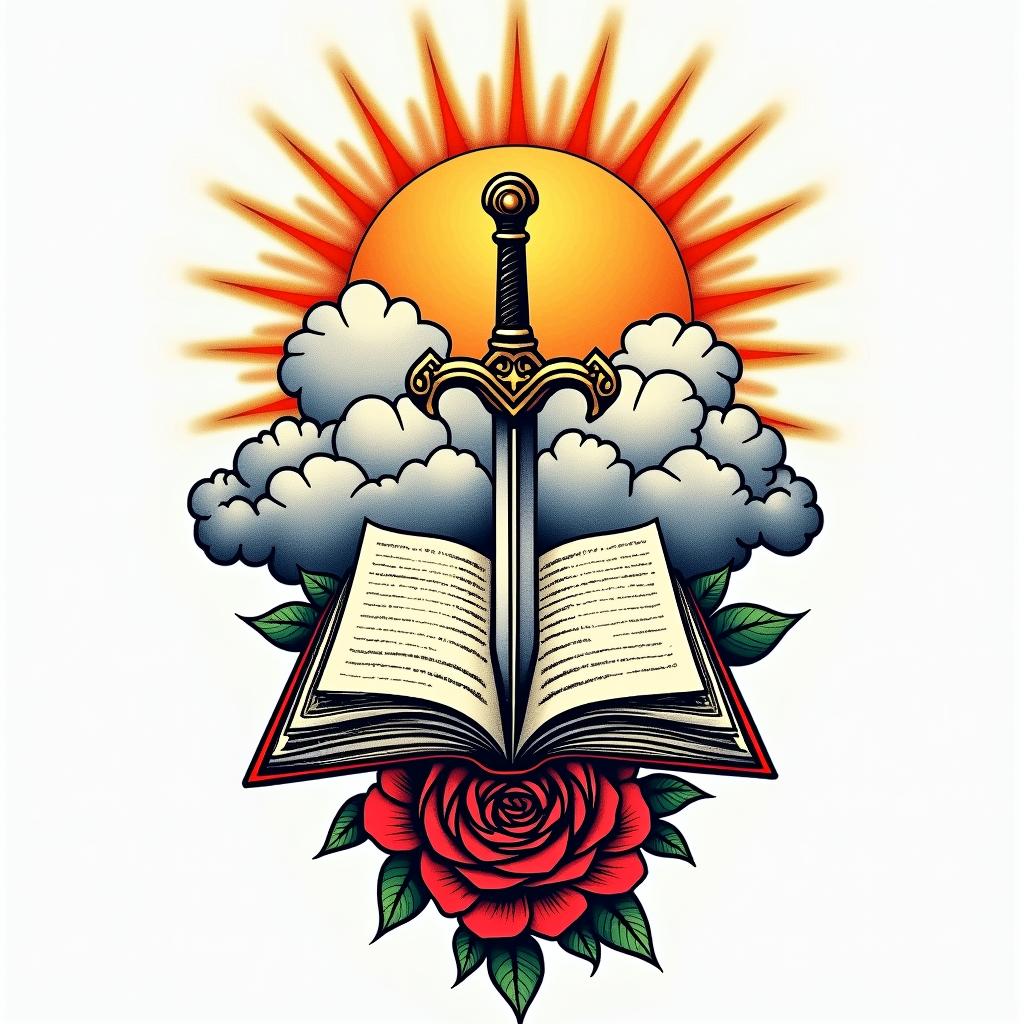 Clouds sunshine book sword flower heavenin pop art style tattoo, featuring bold and vibrant colors, exaggerated outlines, iconic imagery, inspired by comic books and speech bubbles, comic book characters, retro pop culture - Variation 3
