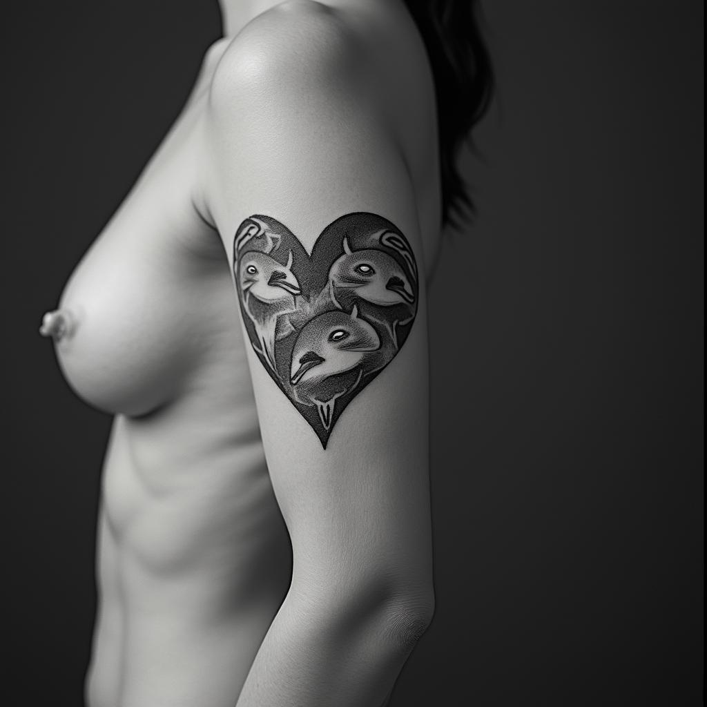 Five babies birds on a hearthigly detailed tattoo - Variation 13