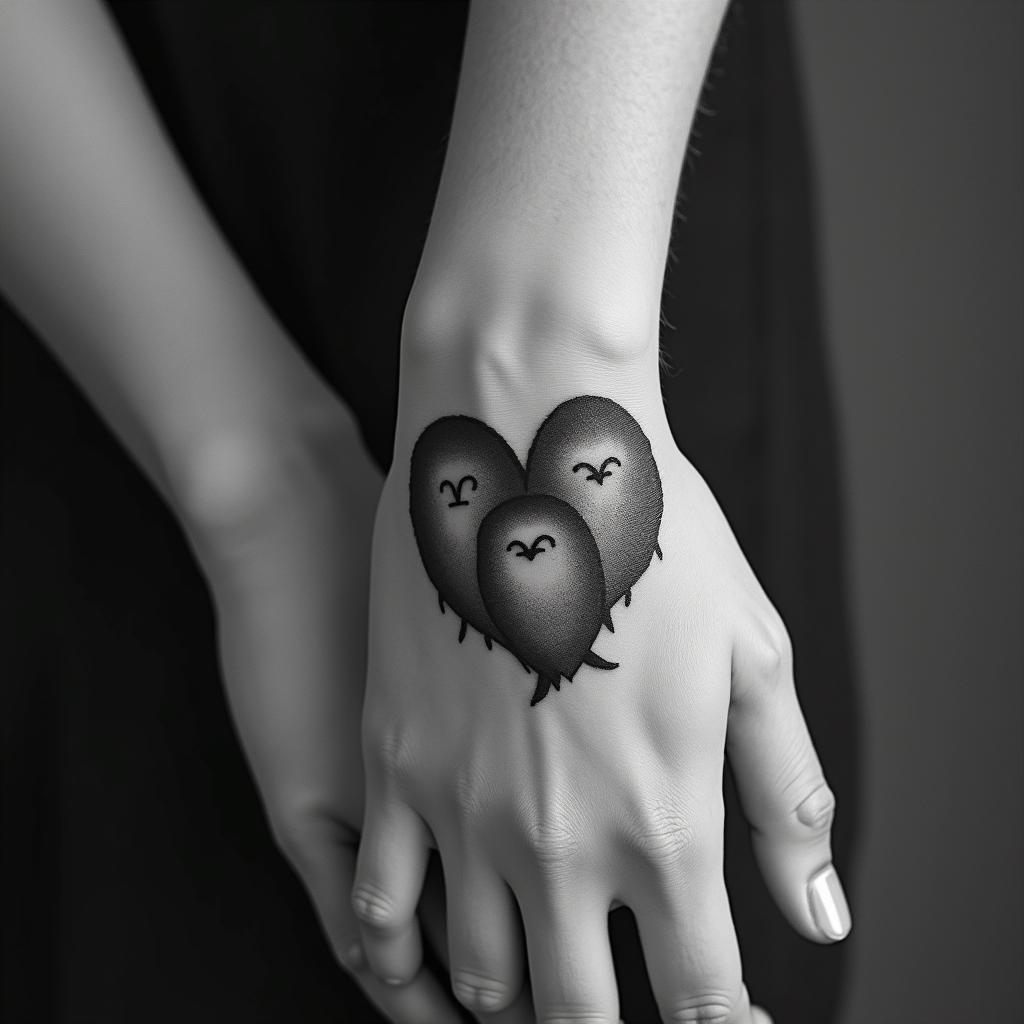 Five babies birds on a hearthigly detailed tattoo - Variation 14