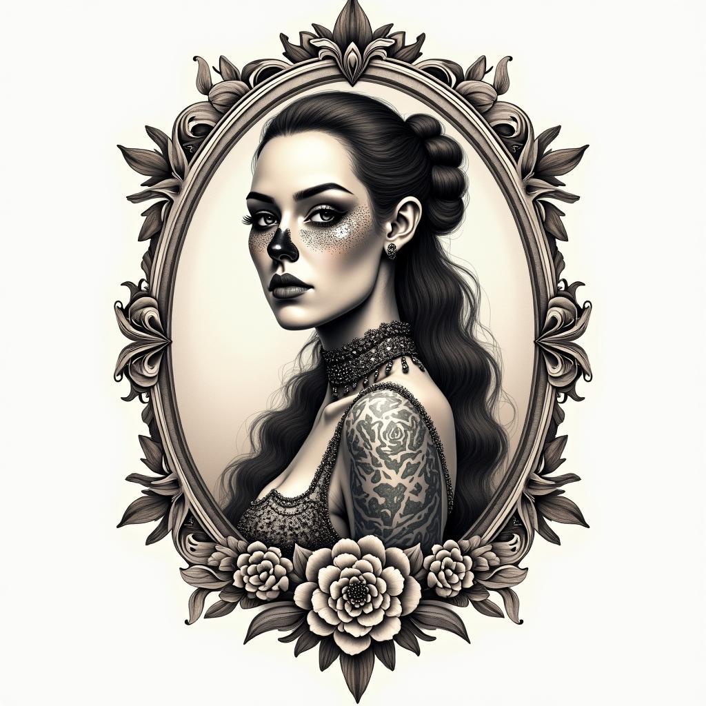 Bikerin victorian style tattoo, featuring vintage and elegant elements, ornate frames, roses, antique, sepia-toned color scheme - Variation 3