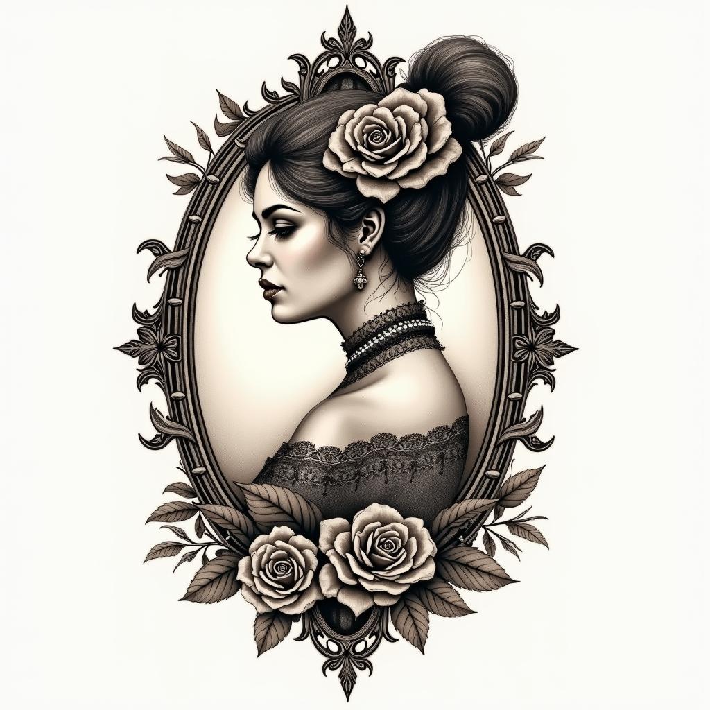 Bikerin victorian style tattoo, featuring vintage and elegant elements, ornate frames, roses, antique, sepia-toned color scheme - Variation 2