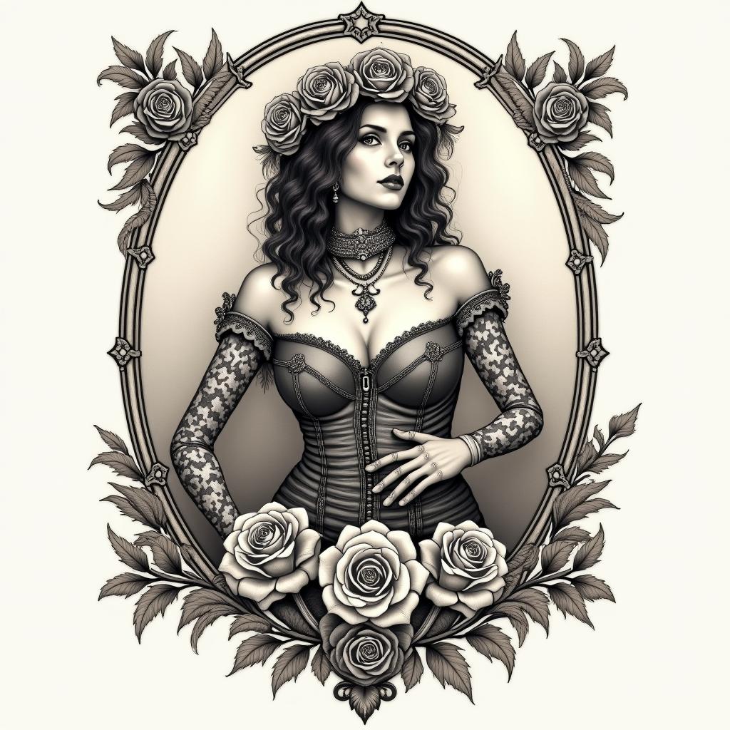 Bikerin victorian style tattoo, featuring vintage and elegant elements, ornate frames, roses, antique, sepia-toned color scheme - Variation 4