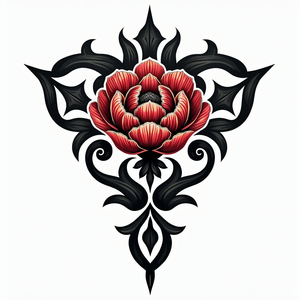 peony diamondin tribal tattoo style, featuring bold and black geometric shapes, curved lines, intertwine and flow seamlessly, creating a powerful and symbolic design, polynesian and maori styles - Variation 2