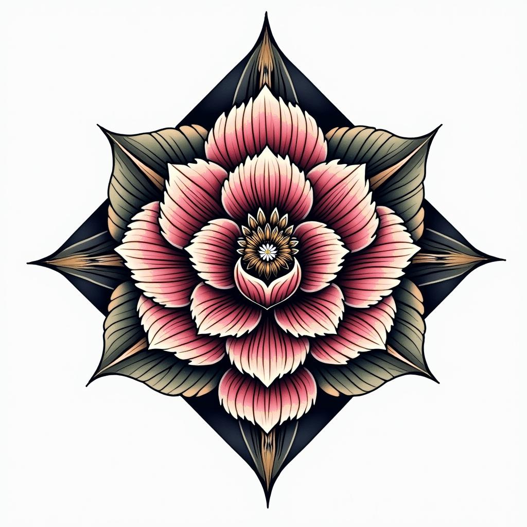 peony diamondin tribal tattoo style, featuring bold and black geometric shapes, curved lines, intertwine and flow seamlessly, creating a powerful and symbolic design, polynesian and maori styles - Variation 4