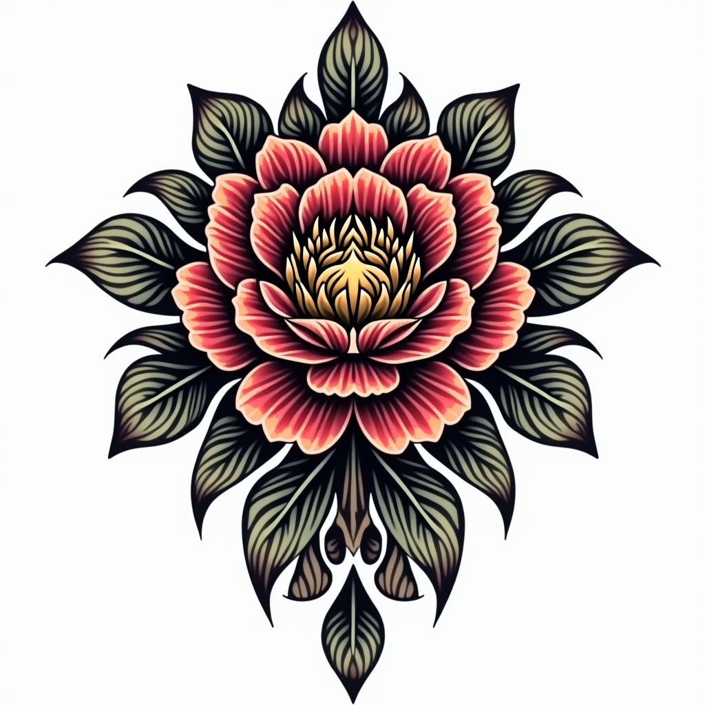 peony diamondin tribal tattoo style, featuring bold and black geometric shapes, curved lines, intertwine and flow seamlessly, creating a powerful and symbolic design, polynesian and maori styles - Variation 3
