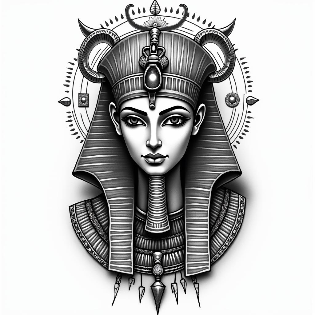 Zodiac sign Virgoin egyptian style tattoo, bold elements of ancient egyptian culture including a portrait of an Egyptian pharaoh with detailed facial features, in hieroglyphs and symbolic imagery, eye of horus, ankh symbol, scarab beetle