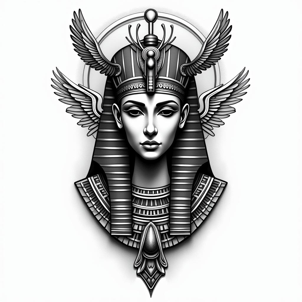 Zodiac sign Virgoin egyptian style tattoo, bold elements of ancient egyptian culture including a portrait of an Egyptian pharaoh with detailed facial features, in hieroglyphs and symbolic imagery, eye of horus, ankh symbol, scarab beetle - Variation 2