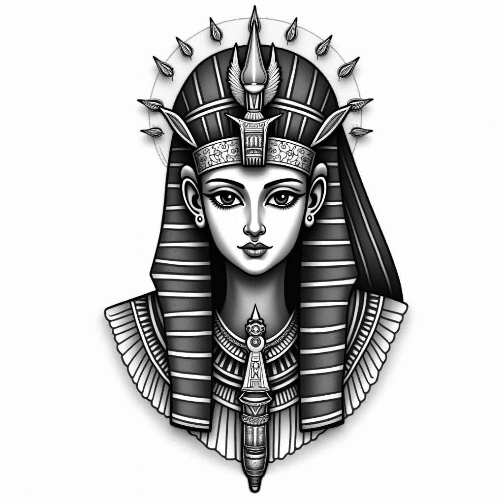 Zodiac sign Virgoin egyptian style tattoo, bold elements of ancient egyptian culture including a portrait of an Egyptian pharaoh with detailed facial features, in hieroglyphs and symbolic imagery, eye of horus, ankh symbol, scarab beetle - Variation 3