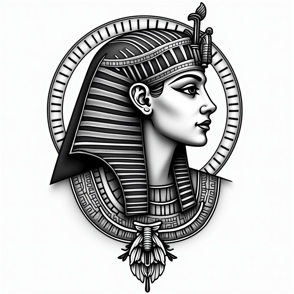 Zodiac sign Virgoin egyptian style tattoo, bold elements of ancient egyptian culture including a portrait of an Egyptian pharaoh with detailed facial features, in hieroglyphs and symbolic imagery, eye of horus, ankh symbol, scarab beetle - Variation 4