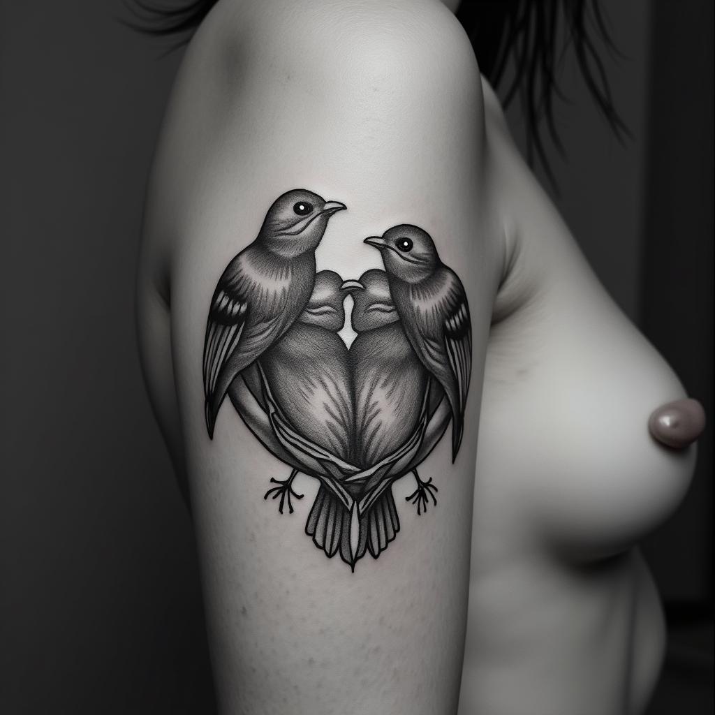 Five babies birds on a hearthigly detailed tattoo - Variation 10