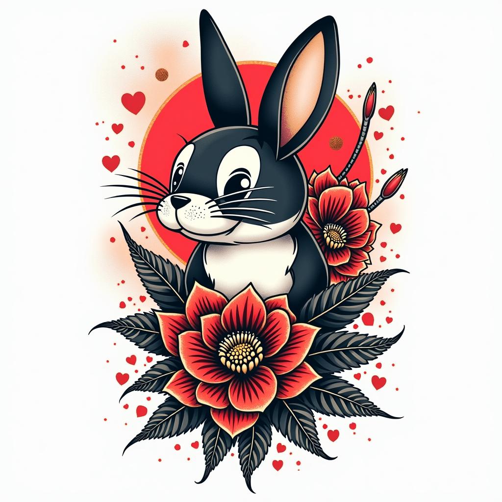 Year of the rabitin pop art style tattoo, featuring bold and vibrant colors, exaggerated outlines, iconic imagery, inspired by comic books and speech bubbles, comic book characters, retro pop culture