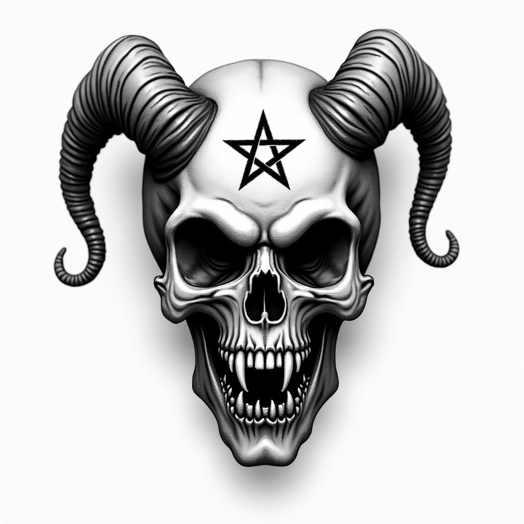 Zodiac sign Virgocreepy horror tattoo style, featuring an eerie and unsettling skull of a demonic creature, distorted face with sharp fangs, add pentagram symbol