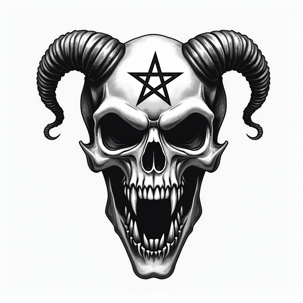 Zodiac sign Virgocreepy horror tattoo style, featuring an eerie and unsettling skull of a demonic creature, distorted face with sharp fangs, add pentagram symbol - Variation 4