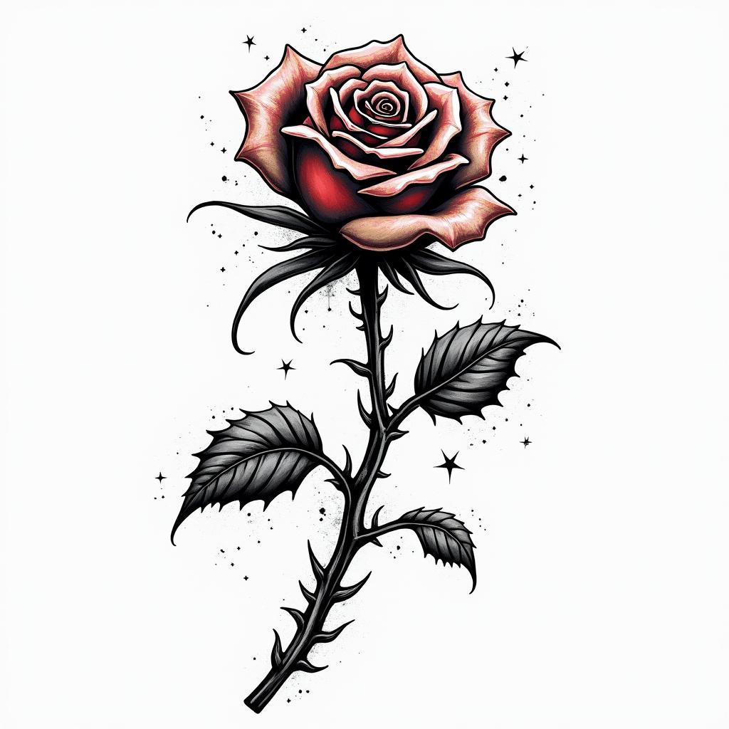 Rose thorny branchesin graffiti style tattoo, featuring bold and dynamic street art elements, spray-paint texture with exaggerated lines and expressive, chaotic brushstrokes, intricate lettering incorporated with graffiti tags, symbols like hearts, stars, and wings - Variation 4