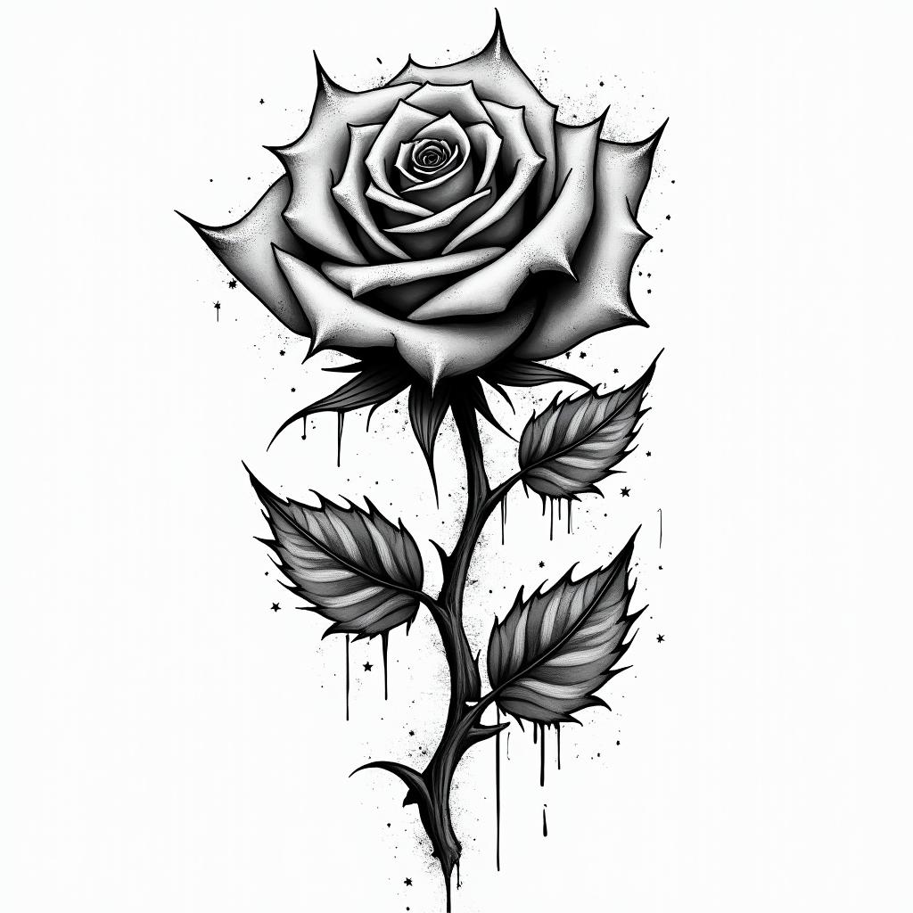 Rose thorny branchesin graffiti style tattoo, featuring bold and dynamic street art elements, spray-paint texture with exaggerated lines and expressive, chaotic brushstrokes, intricate lettering incorporated with graffiti tags, symbols like hearts, stars, and wings