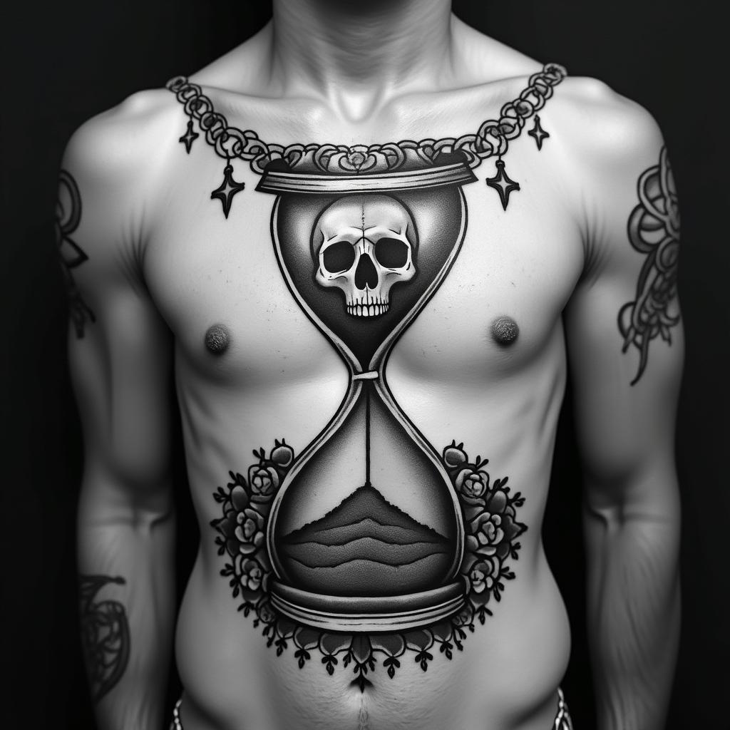 Hourglass with sand and skullsin chicano style tattoo, featuring intricate black and grey shading, bold elements of traditional chicano culture symbols, add a big cross with skull, chains and roses - Variation 10