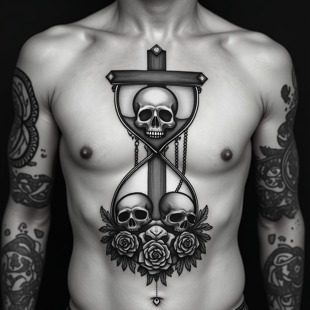 Hourglass with sand and skullsin chicano style tattoo, featuring intricate black and grey shading, bold elements of traditional chicano culture symbols, add a big cross with skull, chains and roses - Variation 9