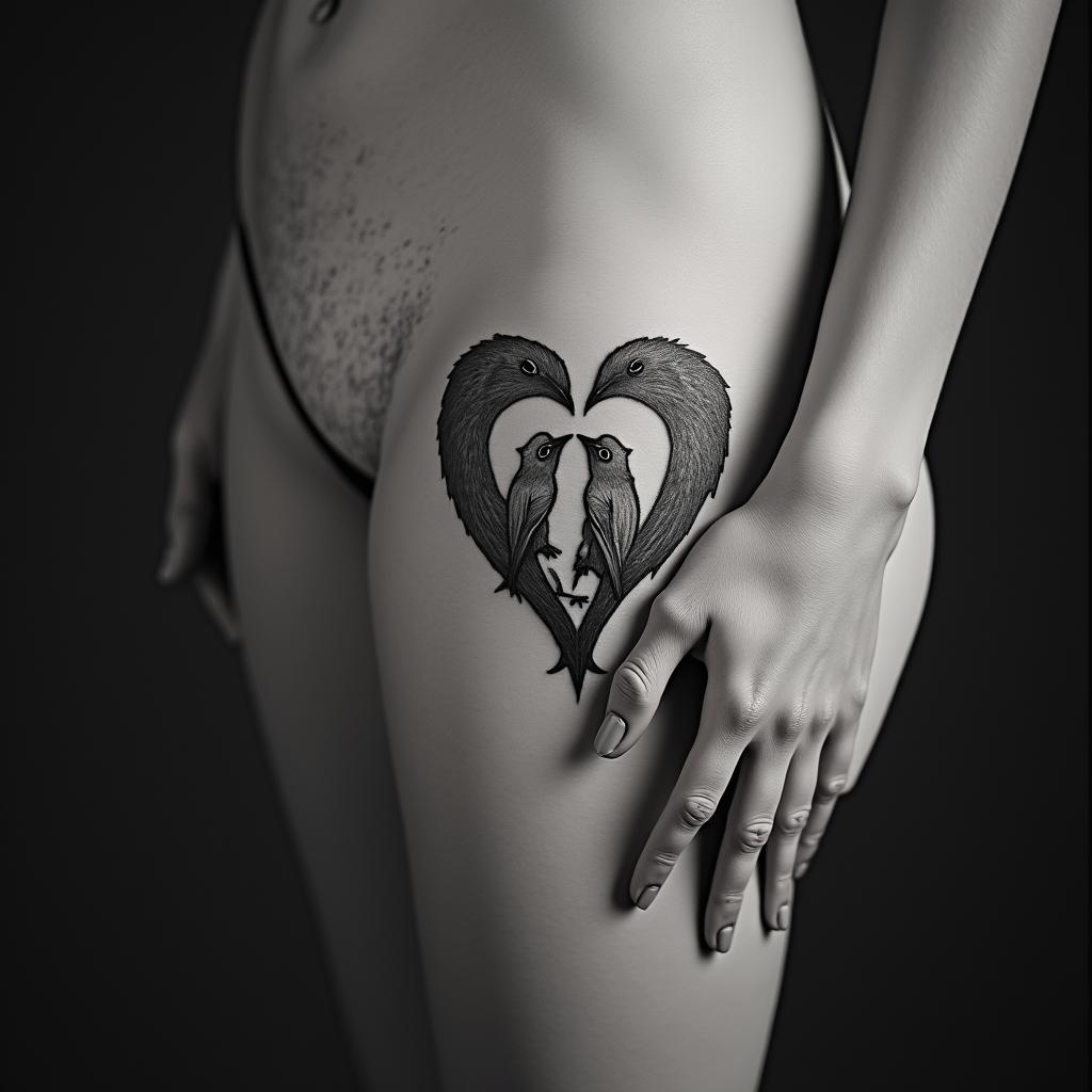Five babies birds on a hearthigly detailed tattoo - Variation 7