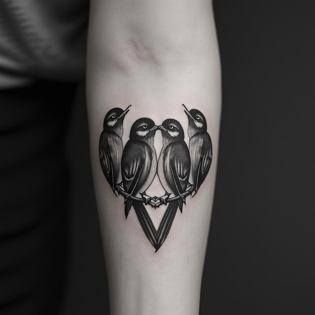 Five babies birds on a hearthigly detailed tattoo - Variation 5