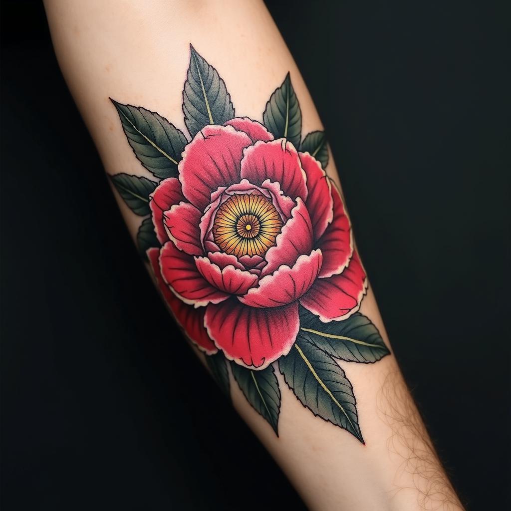 peony in geometric style tattoo, blending hexagons, mandala-inspired patterns, symmetrical and fractal design, clean lines, sharp angles