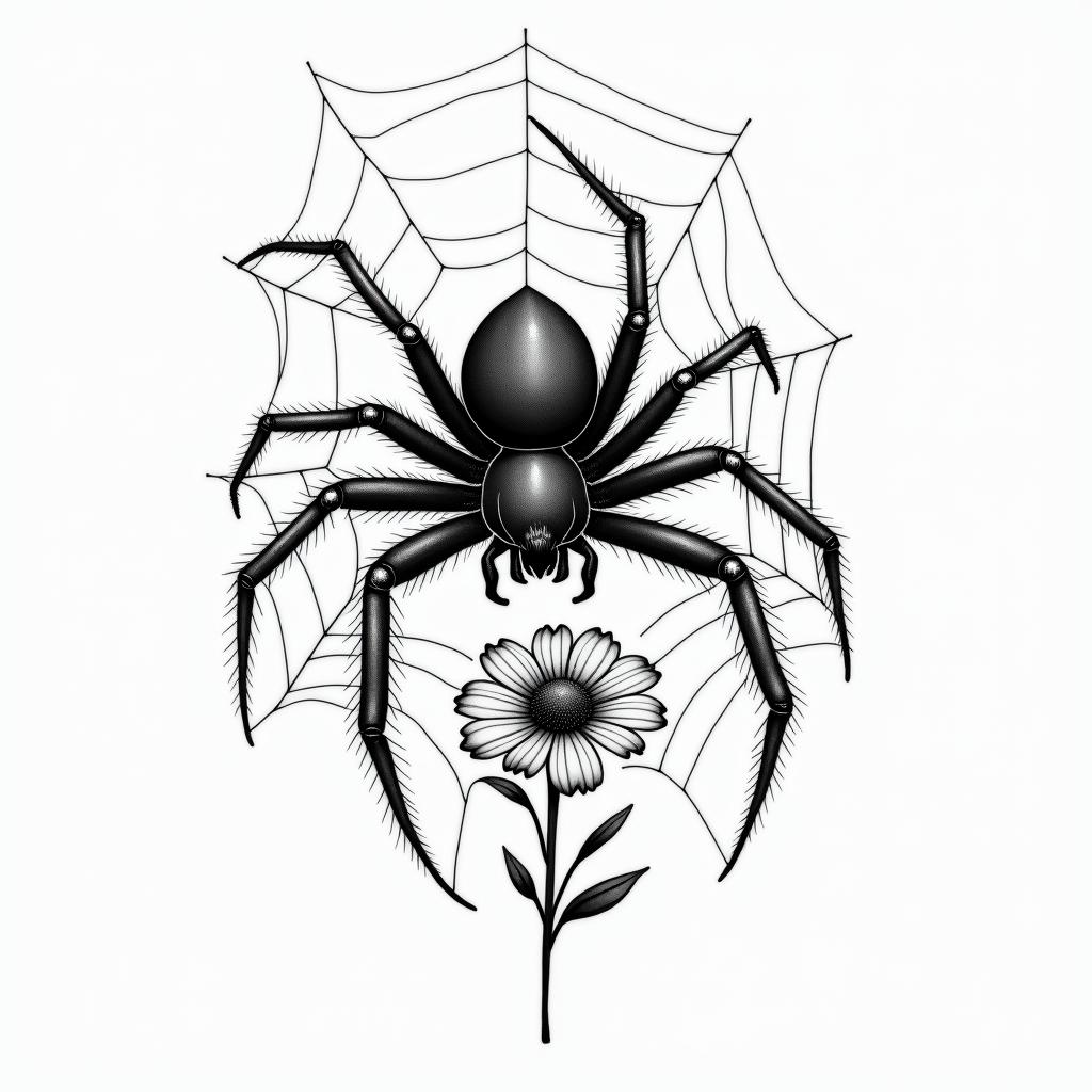 Small spider on web with flowers with stemin realism tattoo style, featuring a highly detailed, lifelike, capturing every detail, photorealistic, ultra realistic, intricate shading, smooth and sharp, - Variation 60