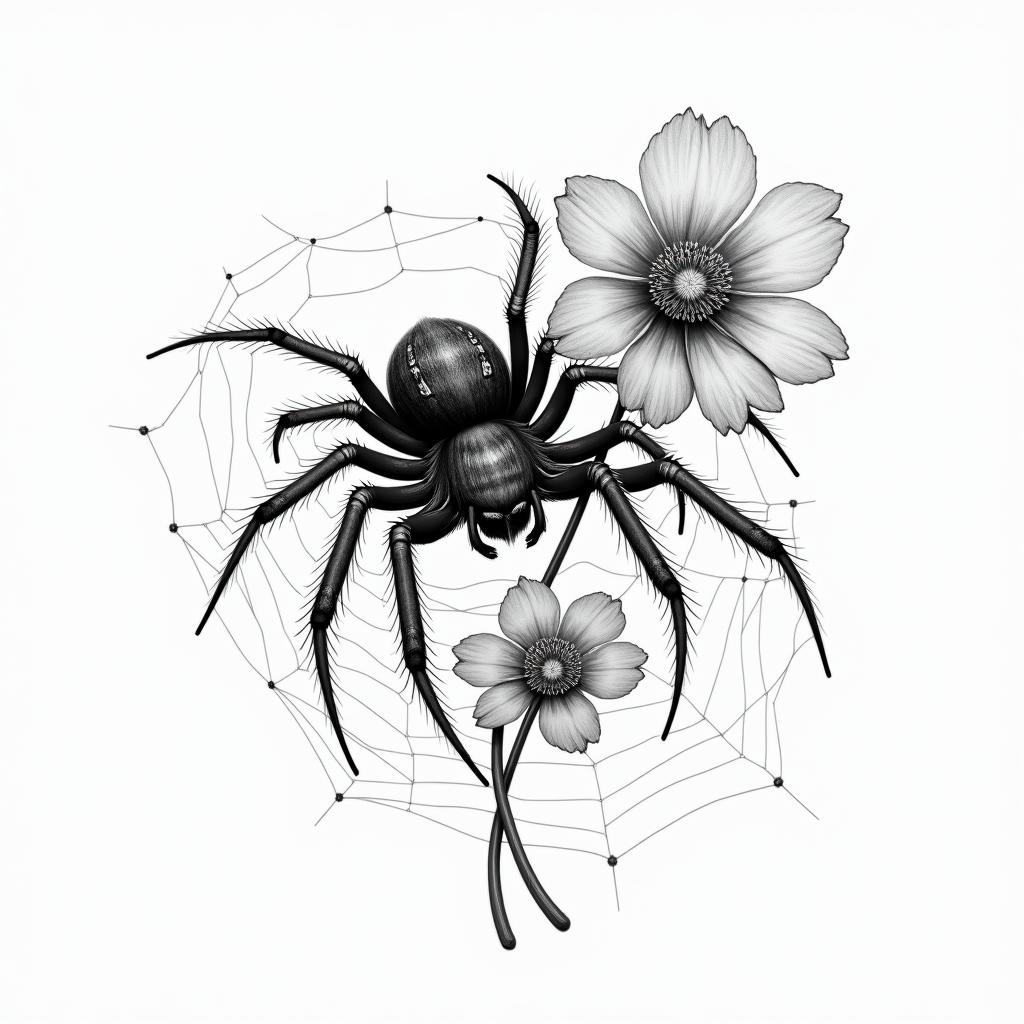 Small spider on web with flowers with stemin realism tattoo style, featuring a highly detailed, lifelike, capturing every detail, photorealistic, ultra realistic, intricate shading, smooth and sharp, - Variation 59