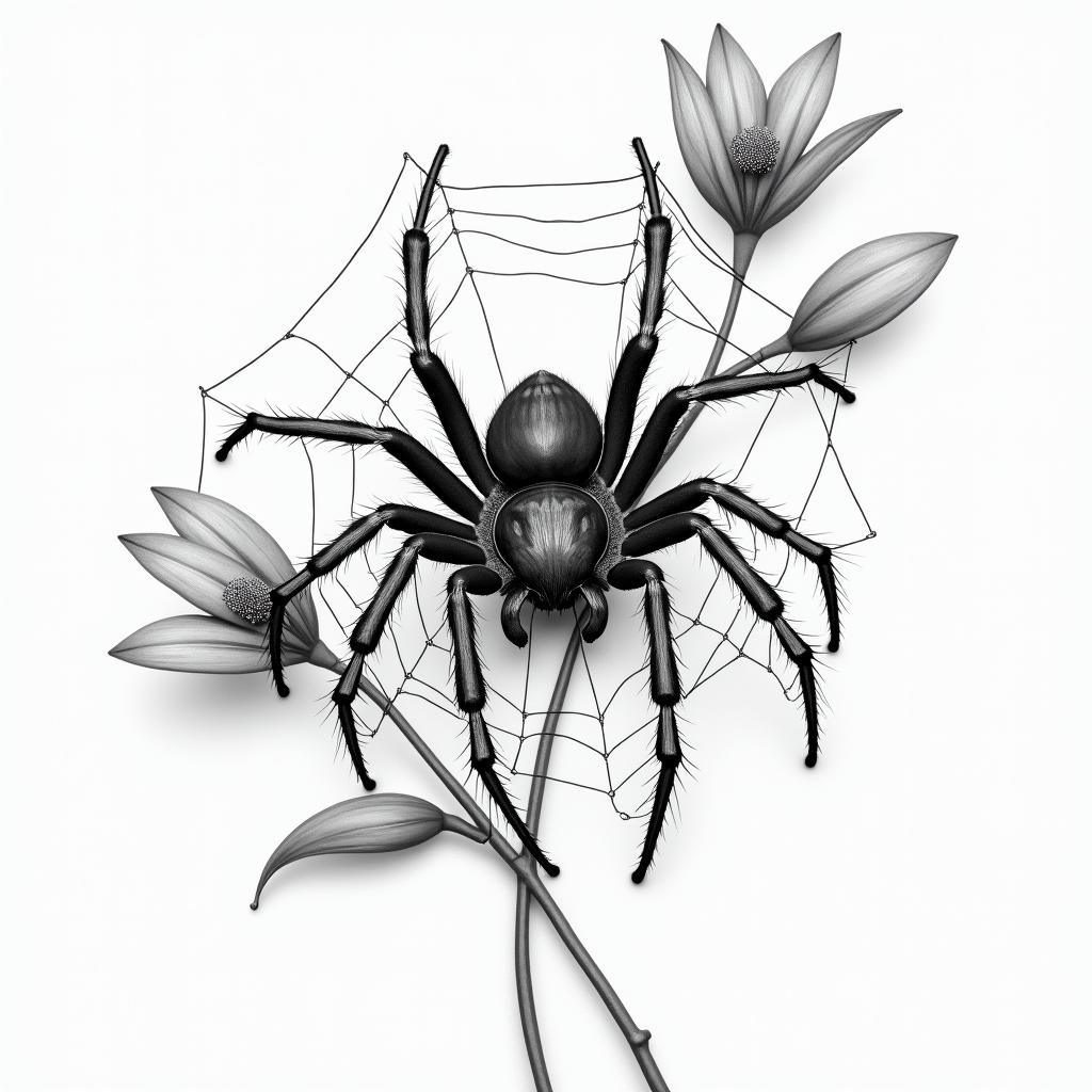 Small spider on web with flowers with stemin realism tattoo style, featuring a highly detailed, lifelike, capturing every detail, photorealistic, ultra realistic, intricate shading, smooth and sharp, - Variation 58