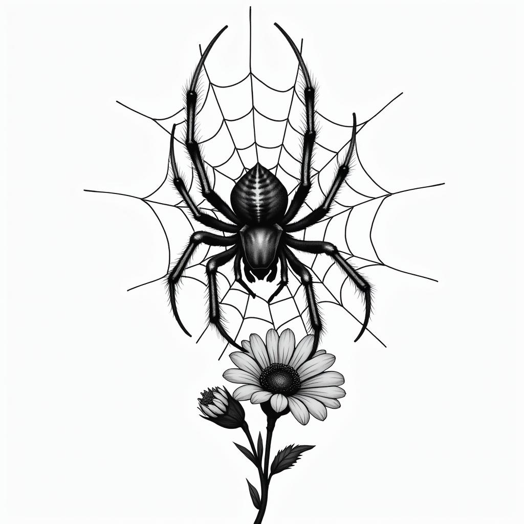 Small spider on web with flowers with stemin realism tattoo style, featuring a highly detailed, lifelike, capturing every detail, photorealistic, ultra realistic, intricate shading, smooth and sharp, - Variation 57