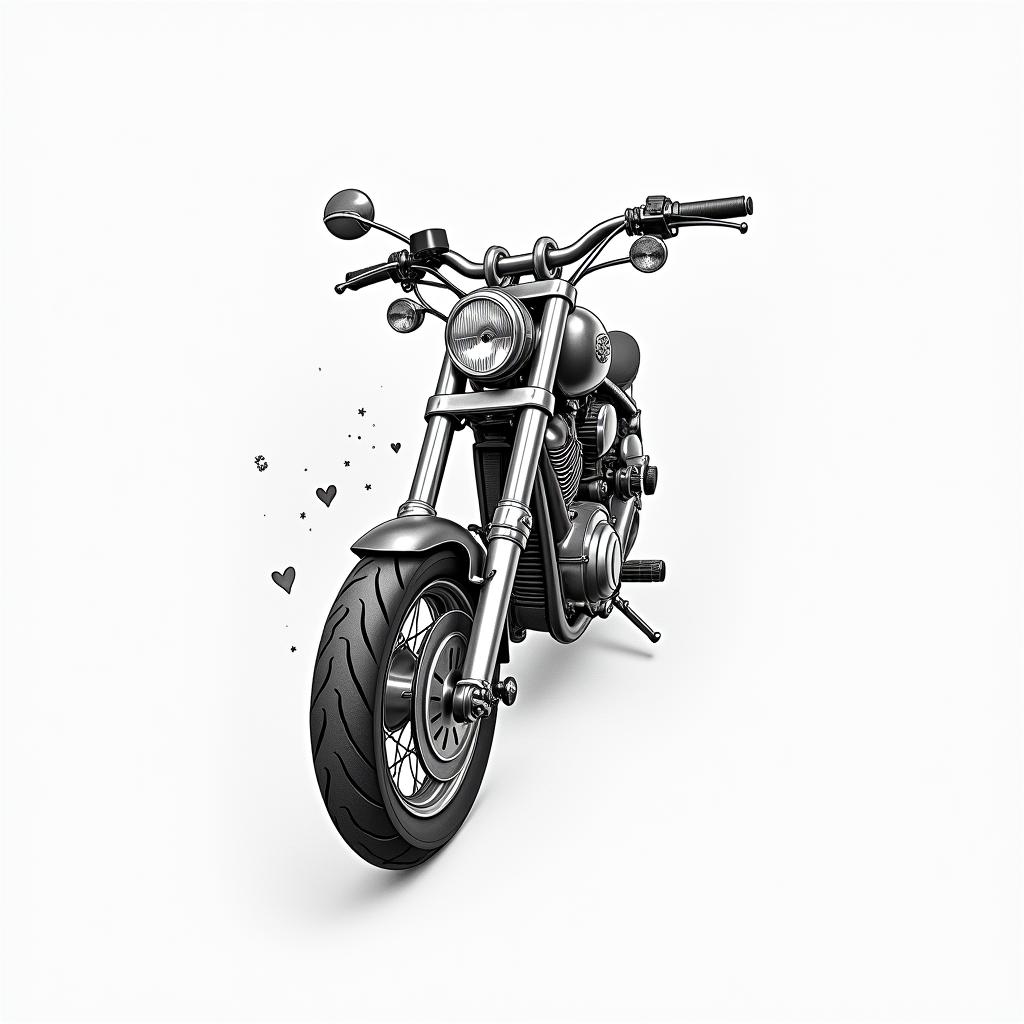 Motorcyclein Modest style tattoo, featuring soft, delicate line work with simple and meaningful symbols, gentle waves, a heart, evoking a sense of serenity and grace,