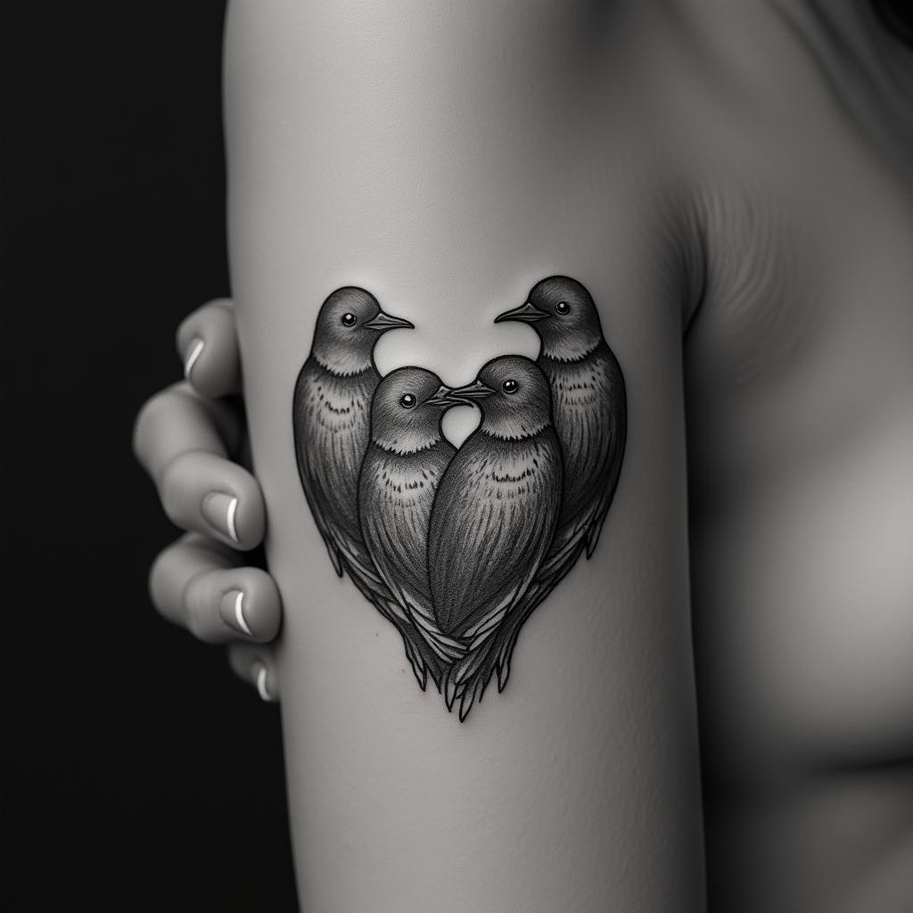 Five babies birds on a hearthigly detailed tattoo - Variation 2