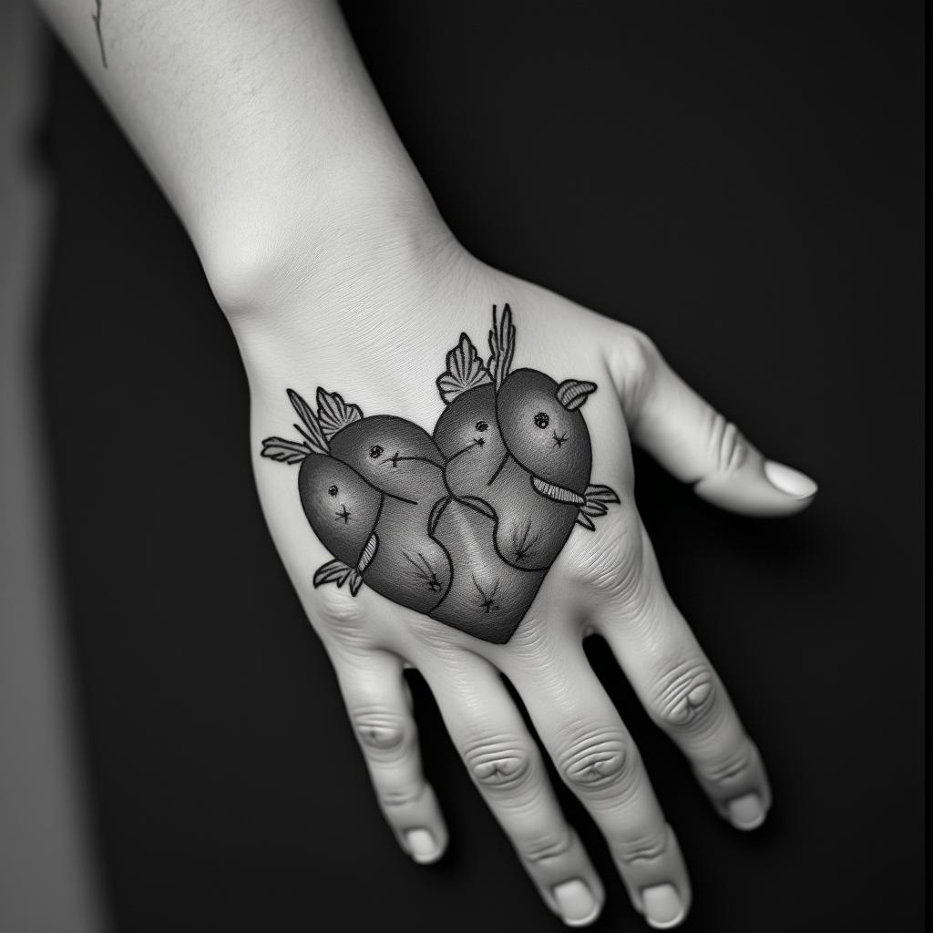 Five babies birds on a hearthigly detailed tattoo - Variation 4