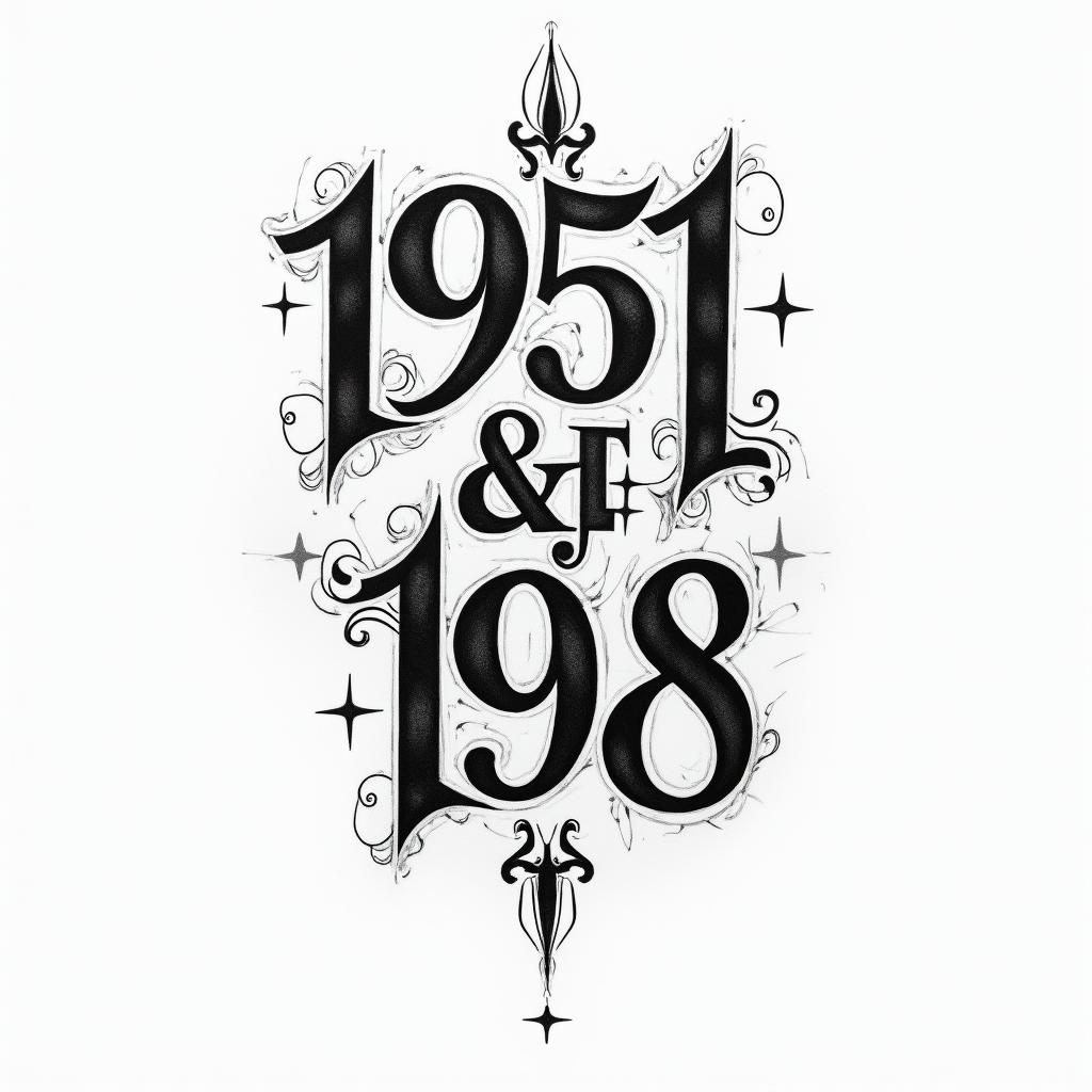 Design an abstract numerical tattoo incorporating 1951, 1974, & 1978higly detailed tattoo - Variation 7