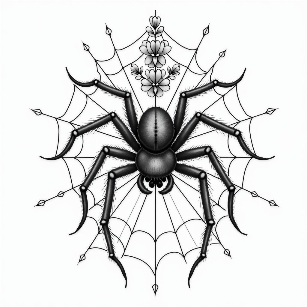 Small spider on web with flowers with stemin ornamental tattoo style, featuring intricate symmetrical patterns and floral designs, showcasing highly detailed line work and geometric shapes, creating a sense of elegance and balance - Variation 7
