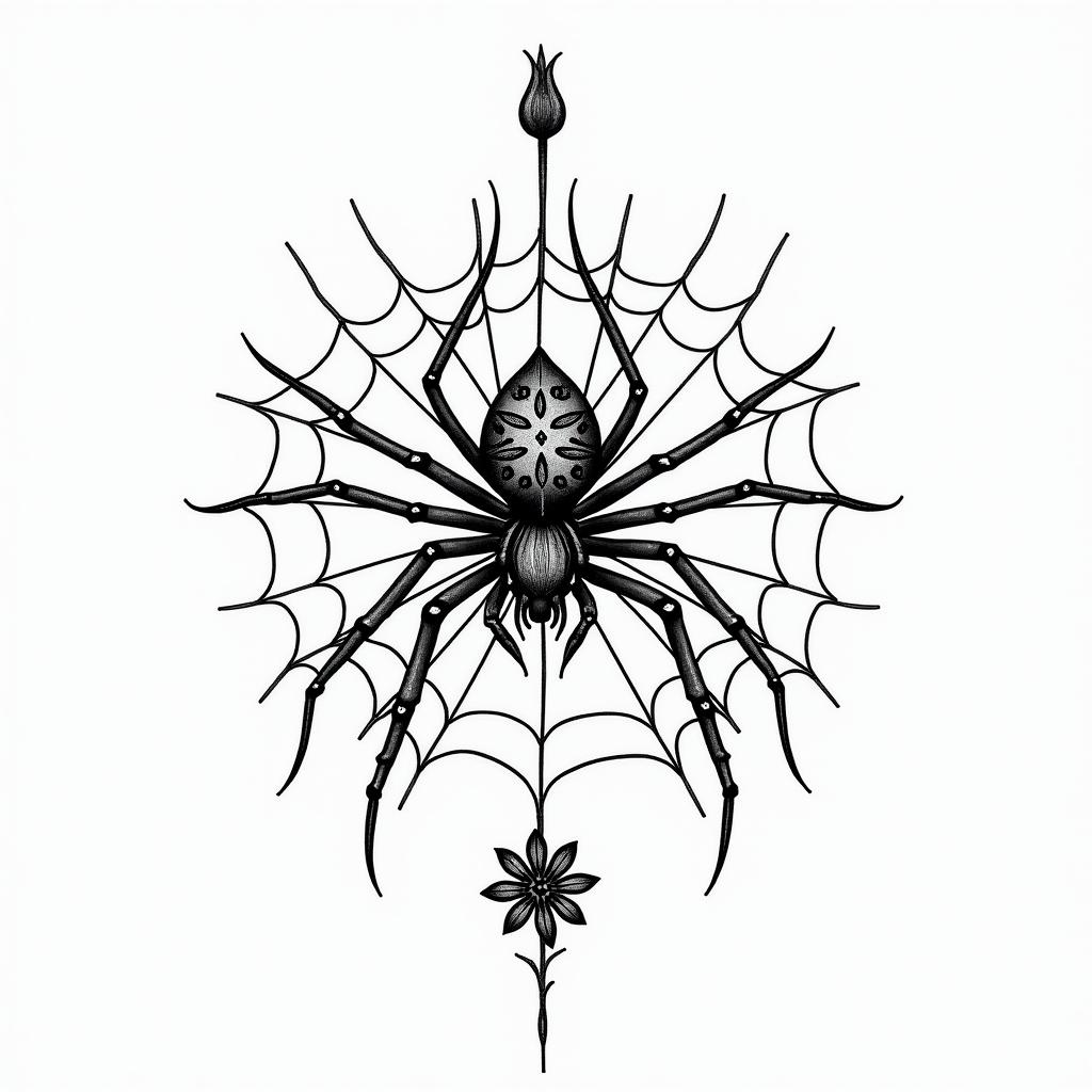 Small spider on web with flowers with stemin ornamental tattoo style, featuring intricate symmetrical patterns and floral designs, showcasing highly detailed line work and geometric shapes, creating a sense of elegance and balance - Variation 6